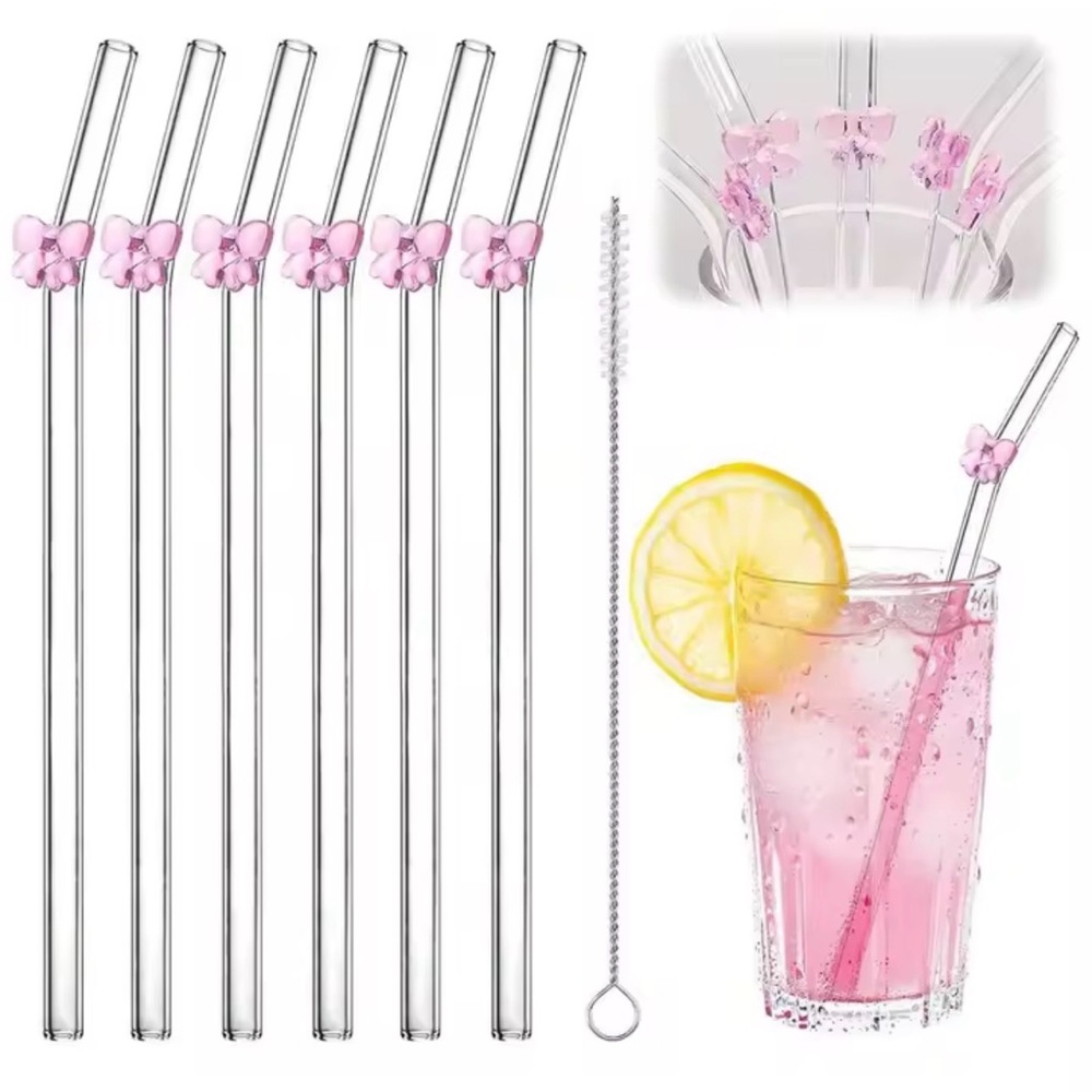 Clear Glass Straws with Pink Butterfly Accents